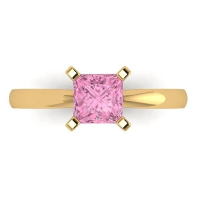 1Ct Princess Cut Pink Gemstone Solid Gold Solitaire Engagement Promise Ring