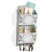 2-Slot Mail Organizer Wall Mount with 4 Hooks, Rustic Key and Mail Larger