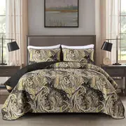 The Bed Linen Gold Paisley Black Coverlet Set-Floral Quilted Bedspread-Queen