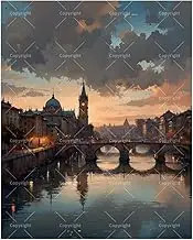 European Cityscape Paint by Numbers Kit for Adults - DIY Bridge View at Sunset Over River Painting on Canvas 16x20In, Acrylic Paint Set, Suitable for Beginners, Art for Home Decoration/Gifts