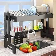 Uandhome Over The Sink Dish Drying Rack,64-100CM Length and Height Adjustable Dish Drying Stand Drainer for Kitchen Counter Organizer,Large Capacity Rust-Proof Dish Rack with Utensil Knife Holder