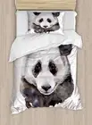 Duvet Cover Set, Watercolor Panda Bear Wildlife Zoo Theme Artwork Image,