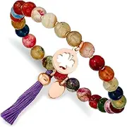 [JewelryWeb] Stainless Steel Polished Rose Ip Plated Clover 6mm Multi Color Agate Beaded Stretch Bracelet With Tassel-Stretch-Bracelet for Women