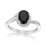 Oval Onyx and White Topaz Frame Bypass Ring in Sterling Silver