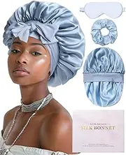 Mulberry Silk Bonnet for Sleeping Women Curly Hair Bonnets with Tie Band Double Layer Reversible Sleep Bonnet Silk Hair Wrap Sleep Cap (Blue)