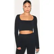 Petite Black Modal Scoop Neck Crop Top Long sleeve, Black