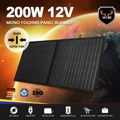 MOBI 200W 12V Folding Solar Panel Blanket Mono Mat 2M Cable Completed Kit & Legs