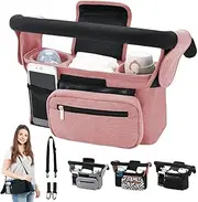 HINATAA Buggy Pram Organiser, Baby Pram Bag with 2 Drink Holders, Buggy Organiser Children's Trolley with Shoulder Strap & 2 x Secure Hooks, Pushchair Accessories with Zip Pocket (Pink)