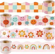 VABAMNA Boho Bulletin Board Borders Retro Classroom Decor, 120Ft Groovy Rainbow Trim, 4 Rolls