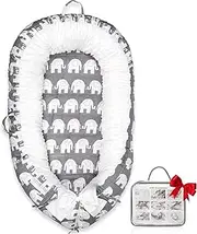 JOCUTE Baby Lounger, Ultra Soft 100% Cotton & Breathable Fiberfill Newborn Lounger, Portable Adjustable Infant Floor Seat for Travel, Newborn Must Have Essentials Baby Registry Search(Elephant)