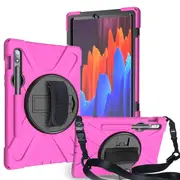 Catzon OnePiece Tablet Case Anti-Fall Protection With Hand+Neck Strap Pencil Holder For Samsung Galaxy Tab S7/S7 Plus 2020-Rose Red