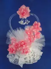 New Elegant acrylic heart/double bells, Bright Pink floral Wedding Caketop #246