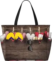 [Ghjkfbf] Valentine'S Hearts Print Large Capacity Beach Travel Bag For Family, Beach Tote Bag For Women With Zipper Pockets, Black, One Size