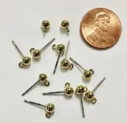 50 VINTAGE GOLD PLATED BRASS 4mm. BALL STUD EARRINGS WITH LOOPS DIY JEWELRY V795