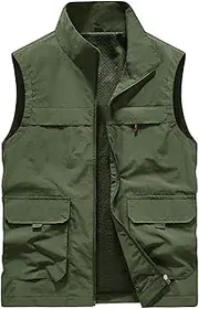 [QtthZZr] Men's Multi-Pocket Vest Loose Breathable Gilet Sleeveless Standing Collar Jacket Outdoor Fishing Travel Waistcoat