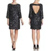 Alice + Olivia Liss Navy Blue Sequin Dress Mini Shift Sz M Open Back