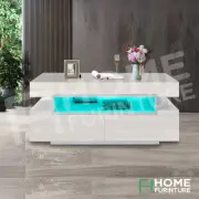 Coffee Table 4 Drawer Storage Shelf LED Gloss Wooden Dining Room Furniture White