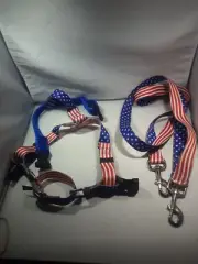2 HOUNDS DESIGN Blue Velvet COLLAR & Stars And Stripes HARNESS & LEASH 3 Pc Set