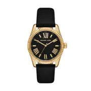Michael Kors Lexington Three Hand Black Leather Watch MK4748 Stainless Steel