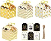 Golden Birthday Party Shower Loot Gift Boxes, 12Pcs Candy Treat Boxes Favor Box Bulk Golden Party Favor Box, Golden Paper Treat Boxes Favor Boxes Fun Party Play Goodie Gift Boxes with Tags and Rope