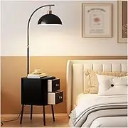 Modern Floor Lamp with Remote, Modern Floor Lamp with Bedside Cabinet, Mid-Century Tall Lamp for Living Rooms & Offices, Industrial Tall Pole Reading Standing Light Standing Light(Black)