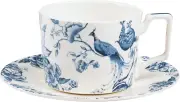 9Oz Bone China Tea Cup and Saucer Set for 1, Blue and White Coffee Cup with Plat