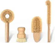 SUBEKYU Kitchen Scrub Brush Set of 4, All Natural Cleaning Brushes for Dish/Bottle/Vegetable/Pan/Pot, Scrubber with Bamboo Handle and Coconut Fibers Bristles
