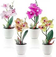 Ginojex 4Pcs Artificial Flowers Orchid Fake Phalaenopsis Small Potted Plant Ceramic Vase for Table Centerpiece Home Office Bathroom Wedding Decor