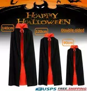 Halloween Black Red Reversible Vampire Devil Cloak Cape Costume for Adult Kids