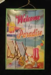 Beautiful Shimmering Island Time Welcome To Paradise Wall Decor 14" X 9"