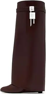 [keleimusi] Fold Over Wedge Boots Heeled PadLock Pant Knee High Shoes Tall/Short Booties