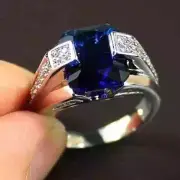 3.00Ct Emerald Cut Lab-Created Sapphire Men's Ring 14K White Gold Plated Silver