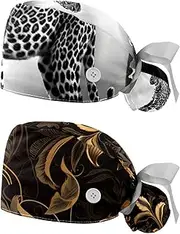 [YTYVAGT] 2-Pc,Nurse Scrub Caps,Scrub Hats with Buttons and Cotton Sweatband,Black Gray Fog Leopard