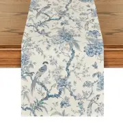 Peacock Flower Chinoiserie Pompon Fall 13" x 72", Table Runner Blue/White