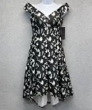 Aidan Mattox Cocktail Dress Womens 4 Black Embroidered Overlay Off Shoulder HOCO