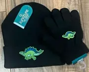 Boys Black Green Dinosaur Beanie Snow Hat & Gloves 2 Piece Set One Size