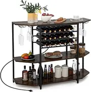 Giantex Wine Rack Table with Power Outlets, 3-Tier Freestanding Liquor Cabinet, Floor Coffee Bar Cabinet Wine Bottle Rack, Glass Holder, Buffet Sideboard Kitchen Dining Room (Rustic Brown)
