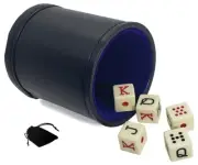 Spanish Poker Dice Ivory w/Pouch + Black PU Leather Blue Felt Lined Dice Cup New