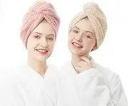 ELLEWIN Hair Towel Wrap 2 Pack, Microfiber Drying Shower Turban with Buttons, Super Absorbent Quick Dry Towels for Curly Long Thick Hair, Rapid Head Women Anti Frizz Pink/Beige