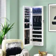 CostwayMirrored Jewelry Storage Cabinet with 6 LED Lights and 2 Drawers-White