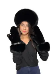 Mink And Fox Fur Mittens And Hat Set Saga Furs Jet Black Furs Set Winter Gloves
