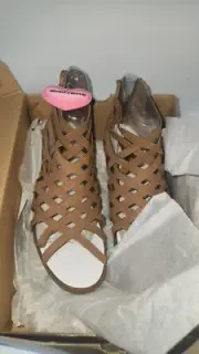 Skechers Parallel Dream Queen Sandals Womens Wedge Tan Back Zip Size 9