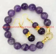 100% Natural 14mm Purple Amethyst Round Gemstone Beads Bracelet Earrings 7.5"set