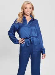 GUESS Women's Eco Blue Floral Bowed Jun Shirt Size: Medium, Polyester