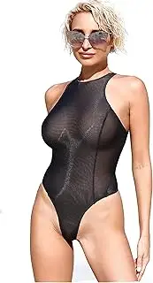 [Touch Secret] Black Sheer one Piece Swimsuit High Neck Thong Monokini See Through Bodysuit