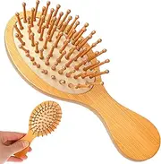 Mozeat Lens Small Bamboo Brush for Hair Growth, Natural Wooden Scalp Brush Mini Hair Scalp Massager Detangling Hairbrush for Women,with Handle Design and Anti-Static Round Wood Pins