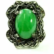 Sharp Ladies Jadeite Cabochon marcasite Ring Sterling SIlver size 6.