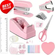Mini Office Supply Kit, Stapler, Paper Clips, Tape Cutter & More, Pink