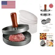 Burger Press Patty Maker Stainless Steel Hamburger Patty Press Mold Wood Hand...