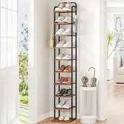 Hzuaneri Vertical Shoe Rack, Shoe Shelves, Wood Shoe Organizer for Closet, Entryway, Shoe Tower for Small Spaces, Free Standing, Adjustable, with 2 Hooks, 10 Tier Rustic Brown SR11201B